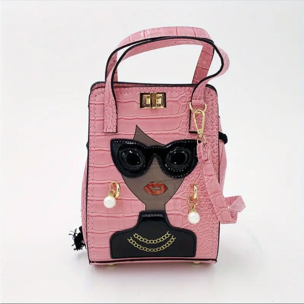 Pink Croco Embossed Handbag with Fashionista Face 👛 - Picture 2 of 3